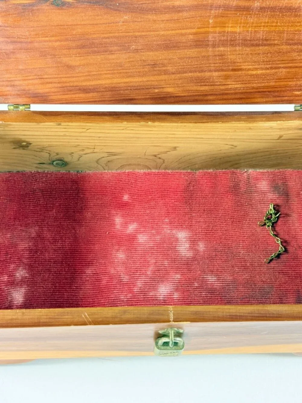Vintage Wooden Cedar Jewelry Box With Red Velvet Lining Gold Hardware Lock